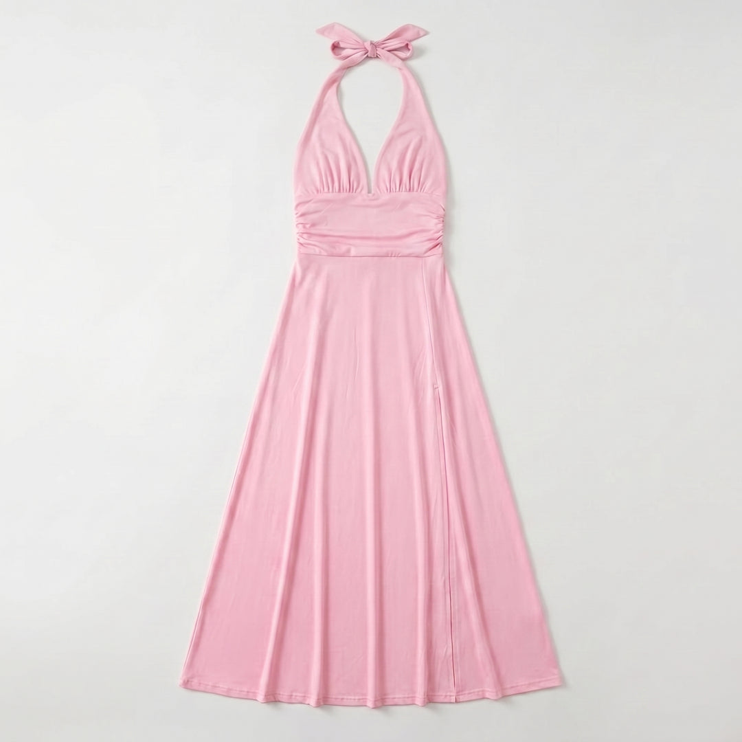 Damen Maxikleid Rosa Neckholder tiefer V-Ausschnitt gerafftes Oberteil Flat-lay