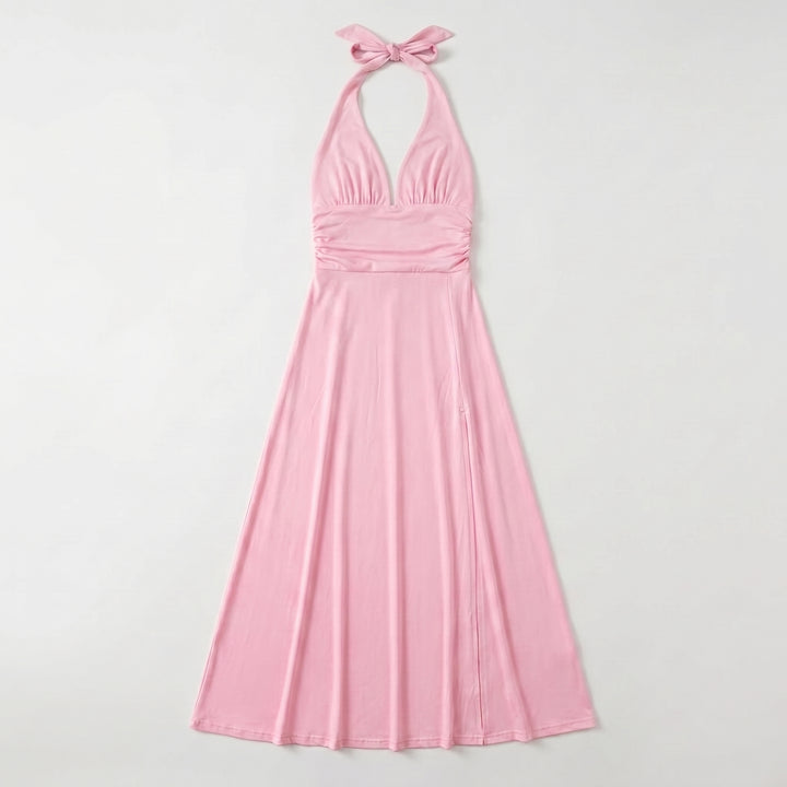 Damen Maxikleid Rosa Neckholder tiefer V-Ausschnitt gerafftes Oberteil Flat-lay