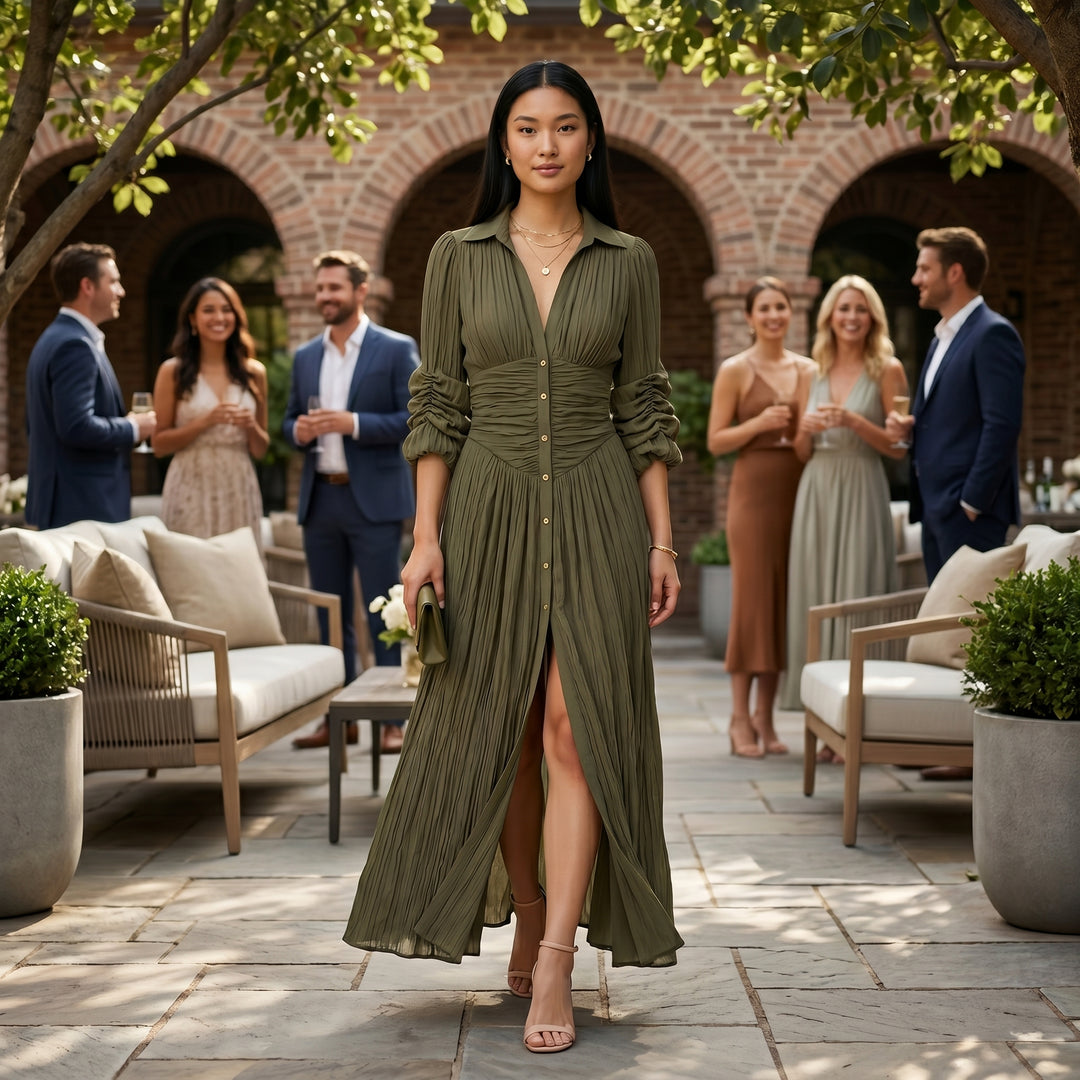 Plissee Maxikleid in Olivgrün, Styling-Aufnahme bei Outdoor-Event, Vorderansicht