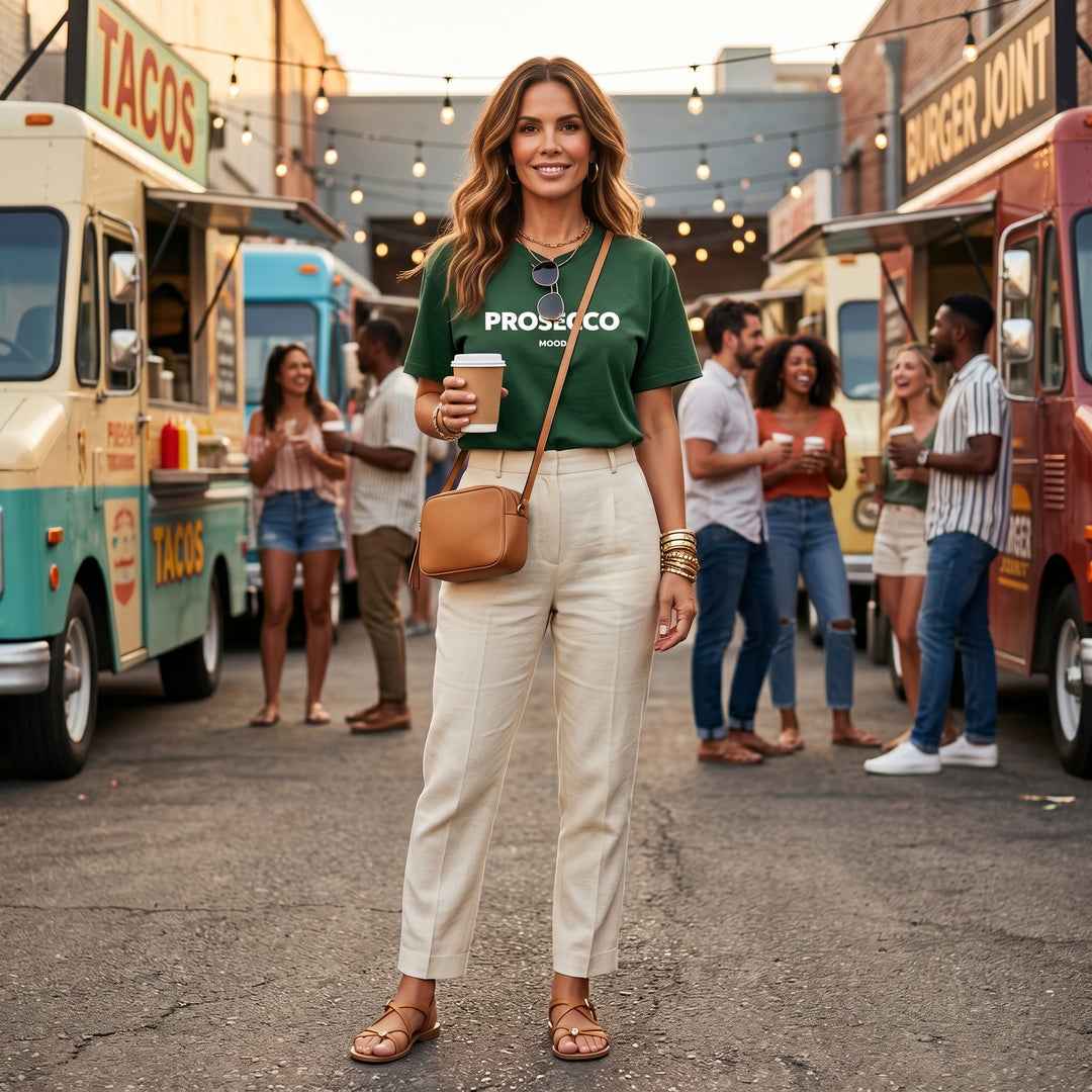 Dunkelgrünes Prosecco Mood T-Shirt im Casual-Look, Outdoor-Streetfood-Szene