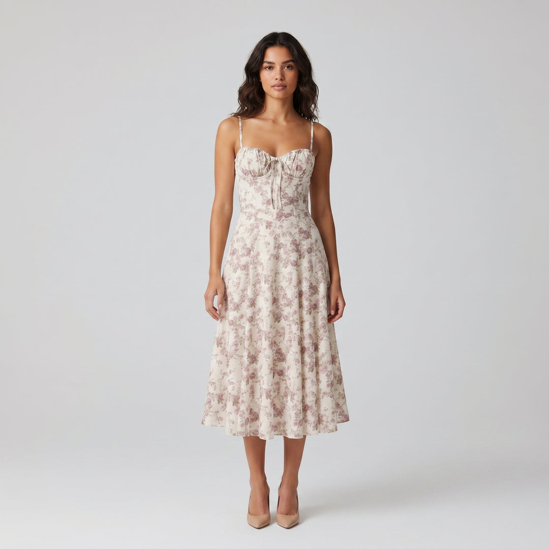 Damen Bustierkleid Creme mit rosa Rosenmuster, herzförmiger Ausschnitt, Vorderansicht