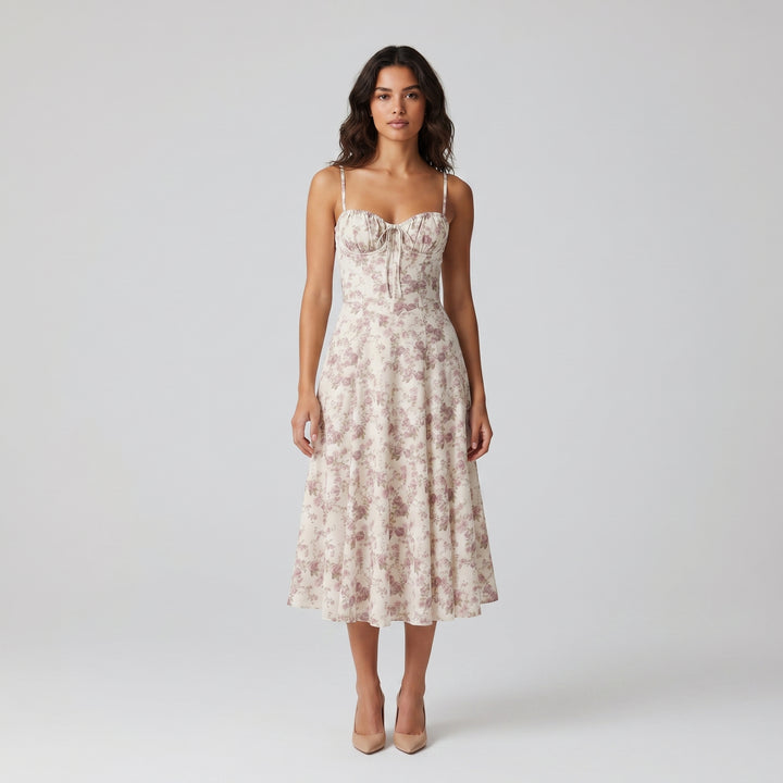 Damen Bustierkleid Creme mit rosa Rosenmuster, herzförmiger Ausschnitt, Vorderansicht