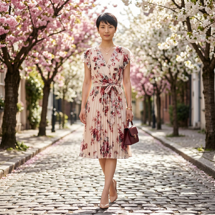 Aprikosefarbenes Blumenkleid mit Plisseerock unter Kirschblüten, Lifestyle-Aufnahme