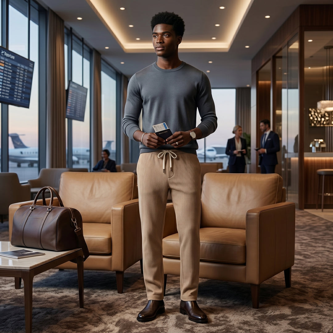 Herren Cordhose in Khaki mit grauem Pullover und Lederschuhen kombiniert, Styling in Lounge