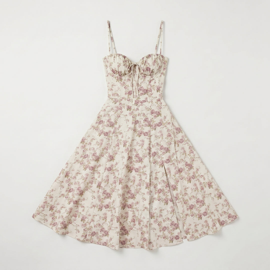 Bustierkleid Creme mit Blumendruck, A-Linie, seitlicher Schlitz, Flat-Lay