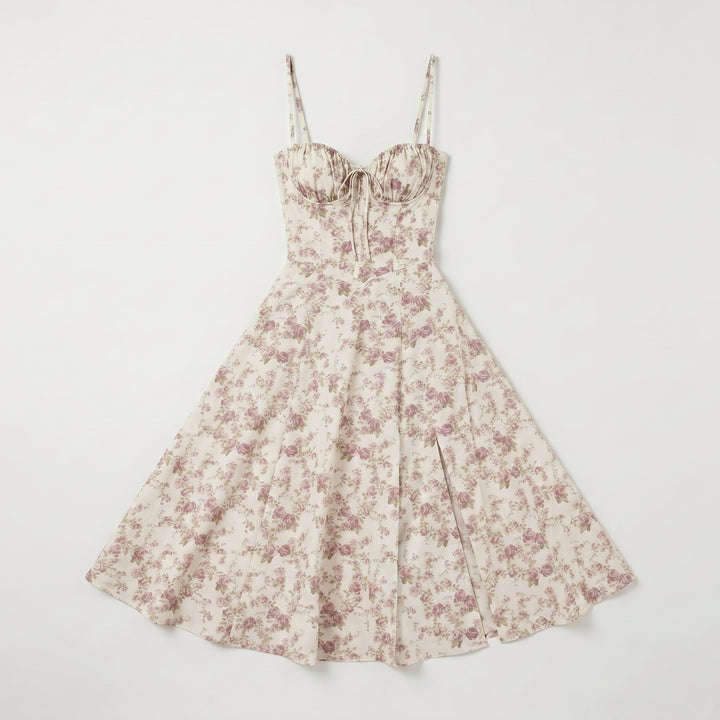 Bustierkleid Creme mit Blumendruck, A-Linie, seitlicher Schlitz, Flat-Lay