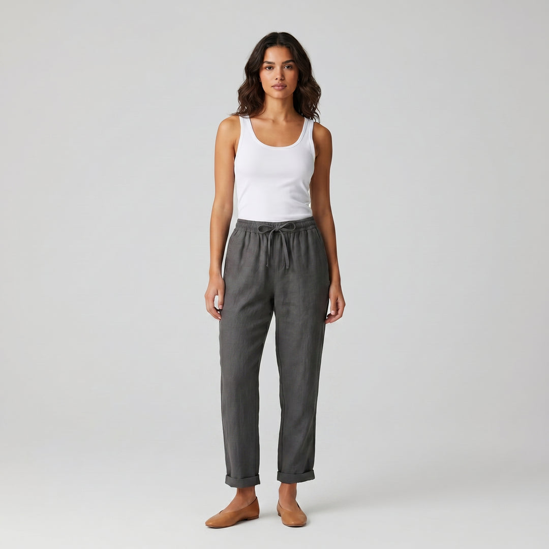 Damen Leinenhose Schwarz, weiter Schnitt, elastischer Kordelzug-Bund, Frontansicht