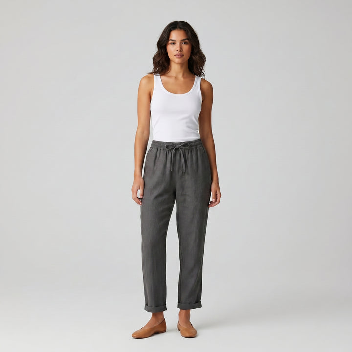 Damen Leinenhose Schwarz, weiter Schnitt, elastischer Kordelzug-Bund, Frontansicht