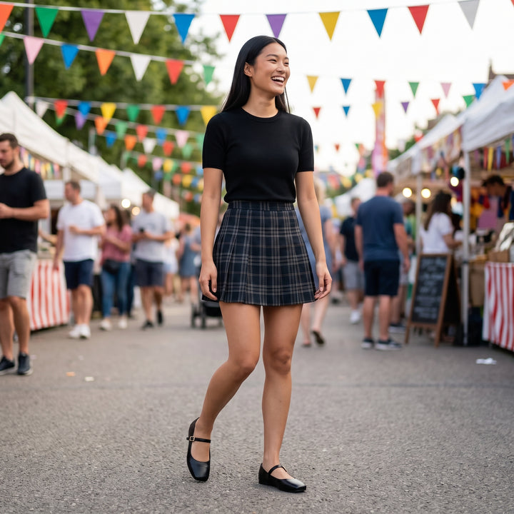 Mary-Jane-Ballerina Schwarz am Model mit kariertem Rock – Ganzkörper Styling