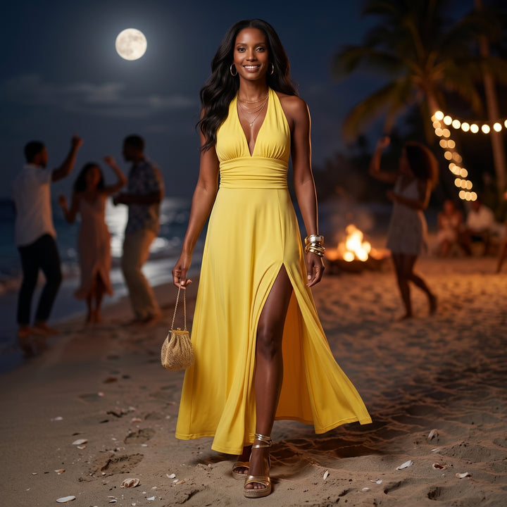 Damen Maxikleid Gelb Neckholder V-Ausschnitt Schlitz Lifestyle Strandabend