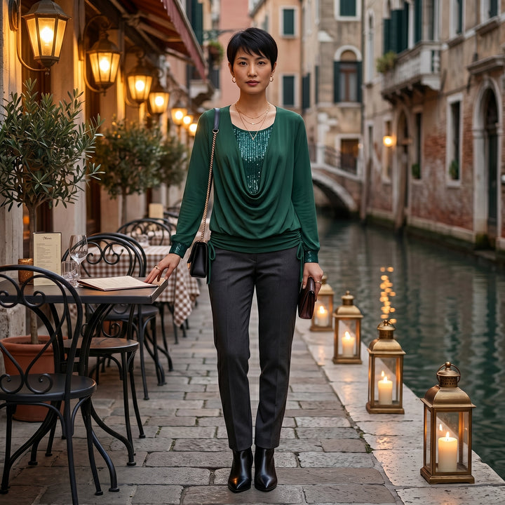 Dunkelgrüne Paillettenbluse in venezianischer Gasse bei Kerzenlicht