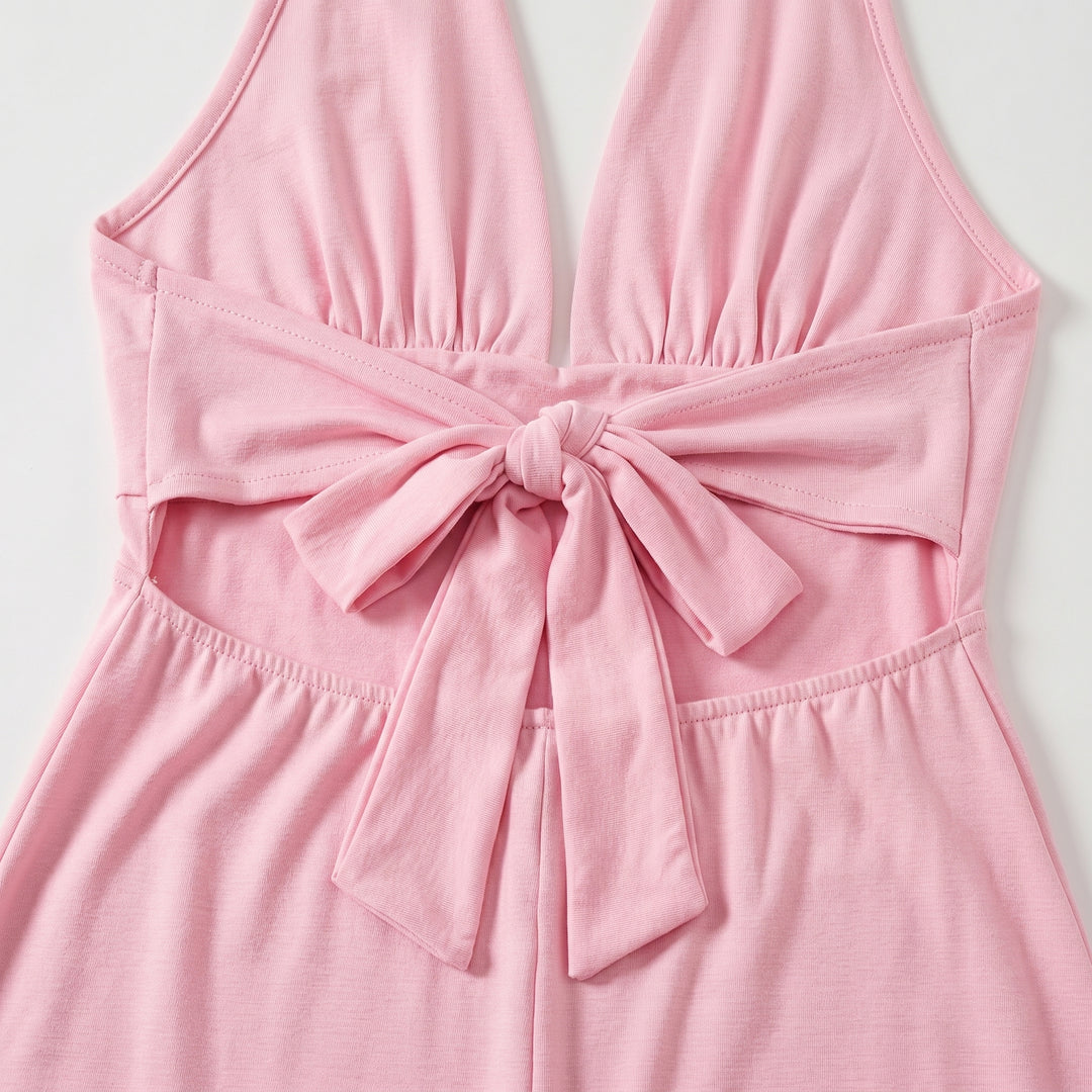 Damen Maxikleid Rosa Schleifendetail Rückenausschnitt Nahaufnahme
