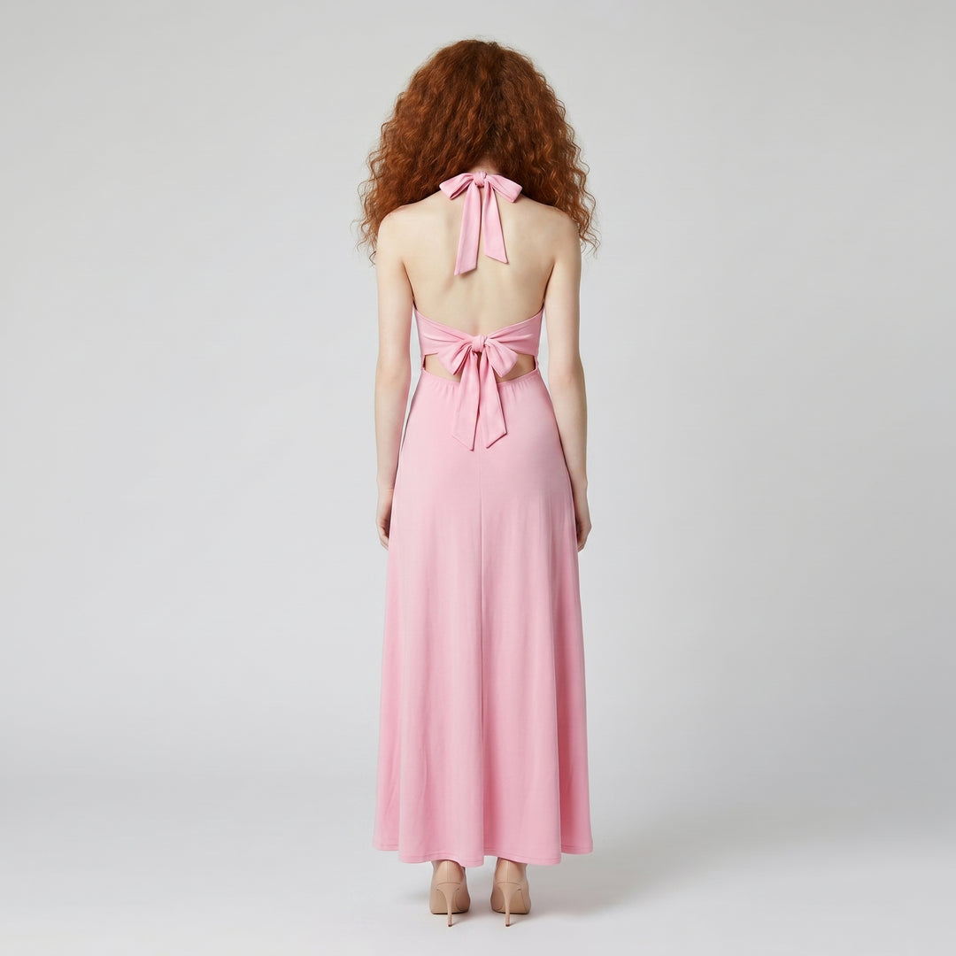 Damen Maxikleid Rosa Neckholder offener Rücken Schleifendetail Rückenansicht