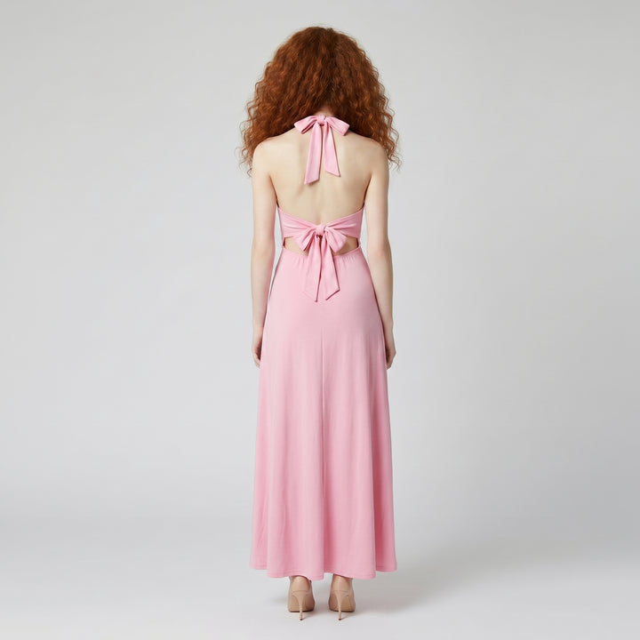 Damen Maxikleid Rosa Neckholder offener Rücken Schleifendetail Rückenansicht