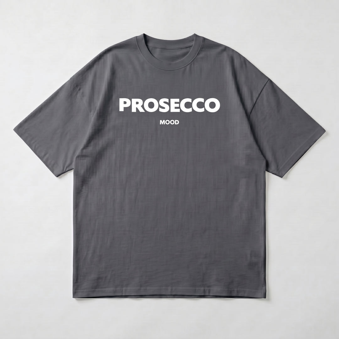 Dunkelgraues Oversized T-Shirt mit PROSECCO MOOD Aufdruck, Flat-Lay Produktansicht
