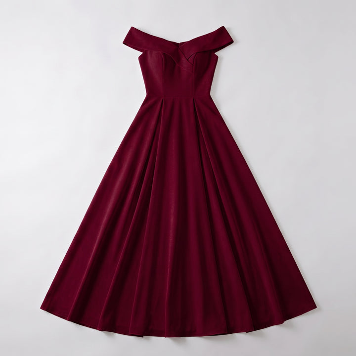 Weinrotes Off-Shoulder Abendkleid in A-Linie, Flat-Lay Vorderansicht