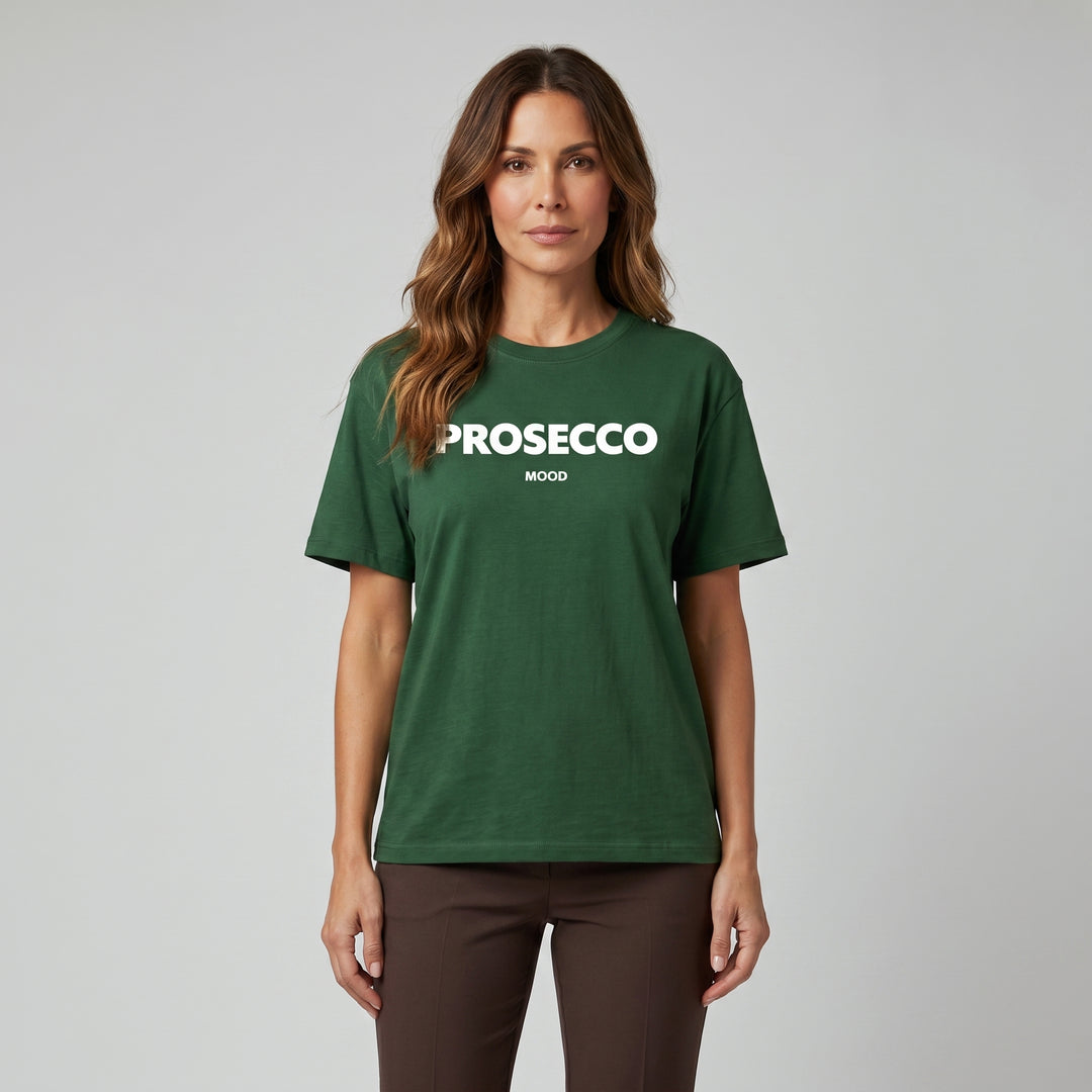 Dunkelgrünes Oversized T-Shirt mit weißem PROSECCO MOOD Aufdruck, Vorderansicht