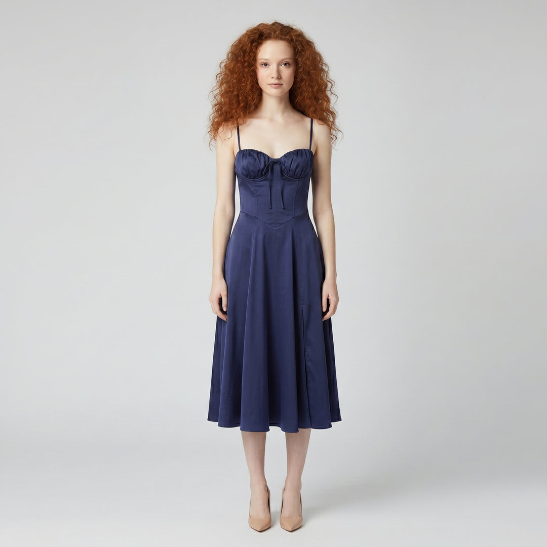 Damen Bustierkleid Dunkelblau, herzförmiger Ausschnitt mit Schleife, A-Linie Midi, vorne