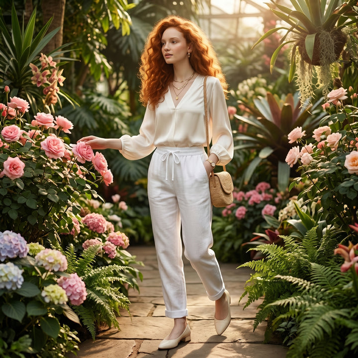Leinenhose Weiß, Lifestyle-Aufnahme im Blumengarten, sommerlich femininer Look