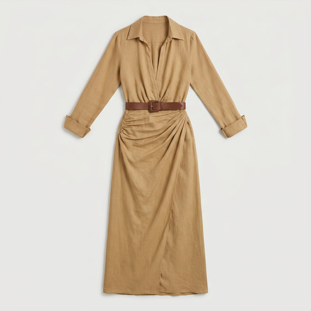 Damen Maxikleid Weiß mit Taillengürtel und Knopfleiste, Vorderansicht