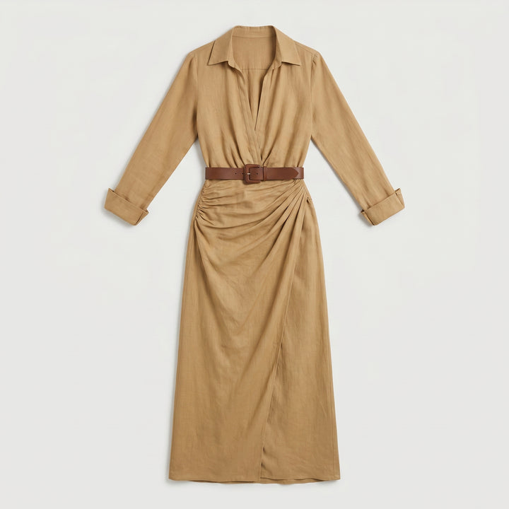 Damen Maxikleid Weiß mit Taillengürtel und Knopfleiste, Vorderansicht