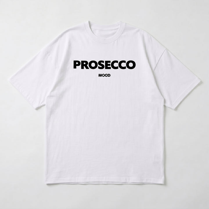 Weißes Oversized T-Shirt mit PROSECCO MOOD Aufdruck, Flat-Lay Produktansicht