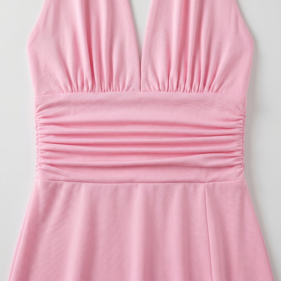 Damen Maxikleid Rosa tiefer V-Ausschnitt gerafftes Oberteil Nahaufnahme Detail