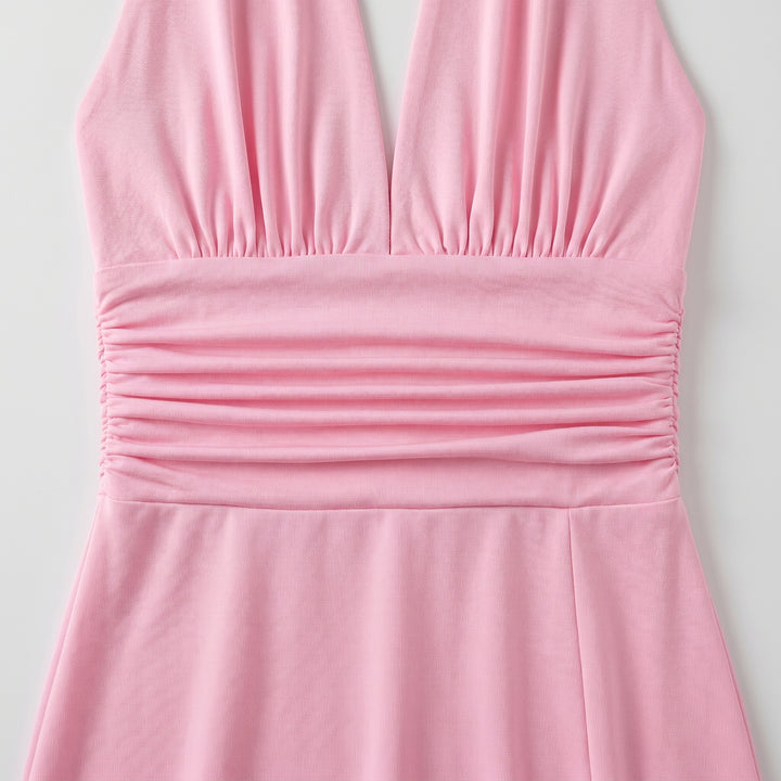 Damen Maxikleid Rosa tiefer V-Ausschnitt gerafftes Oberteil Nahaufnahme Detail