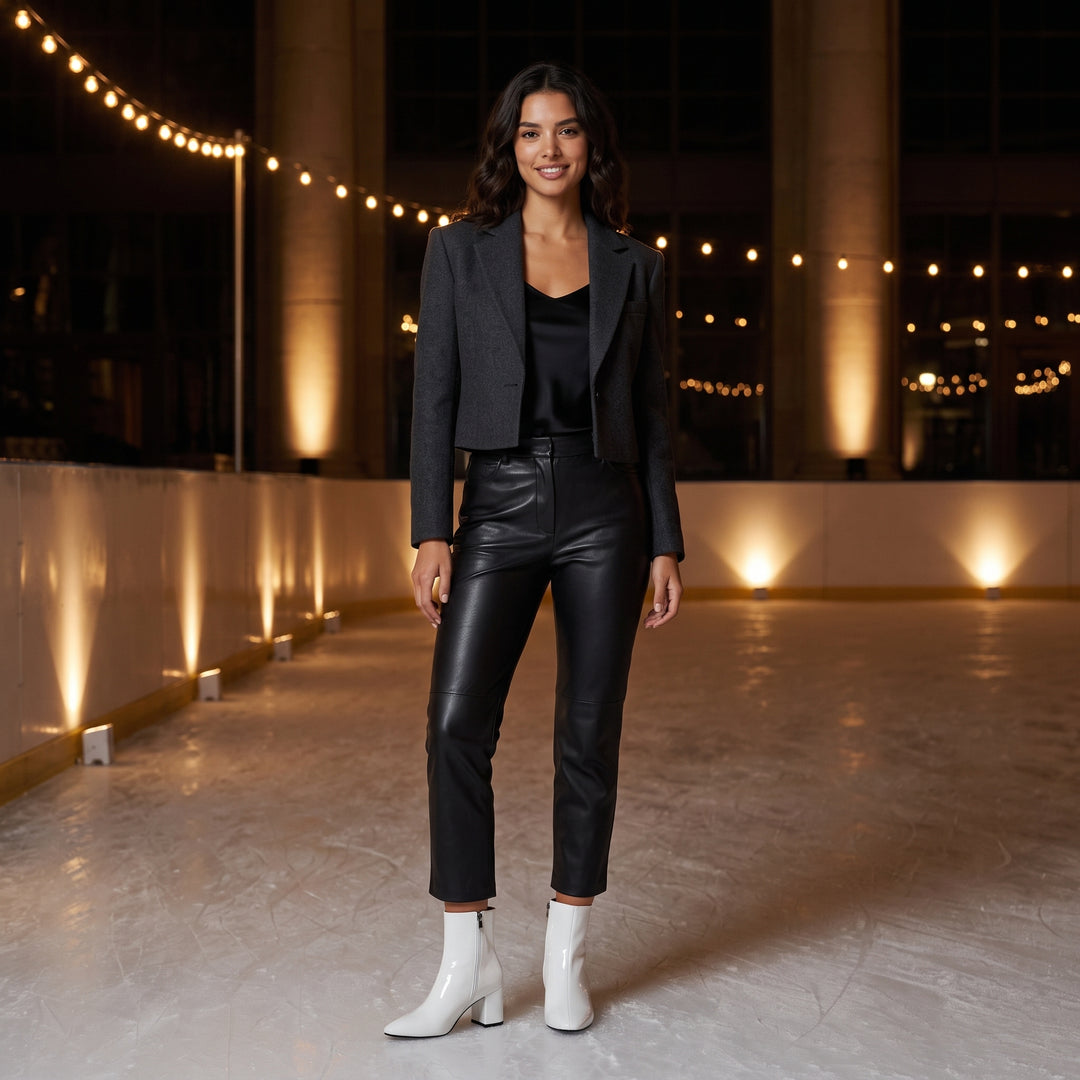 Damen-Model trägt weiße Stiefeletten mit Lackoptik zu schwarzer Lederhose – Ganzkörper