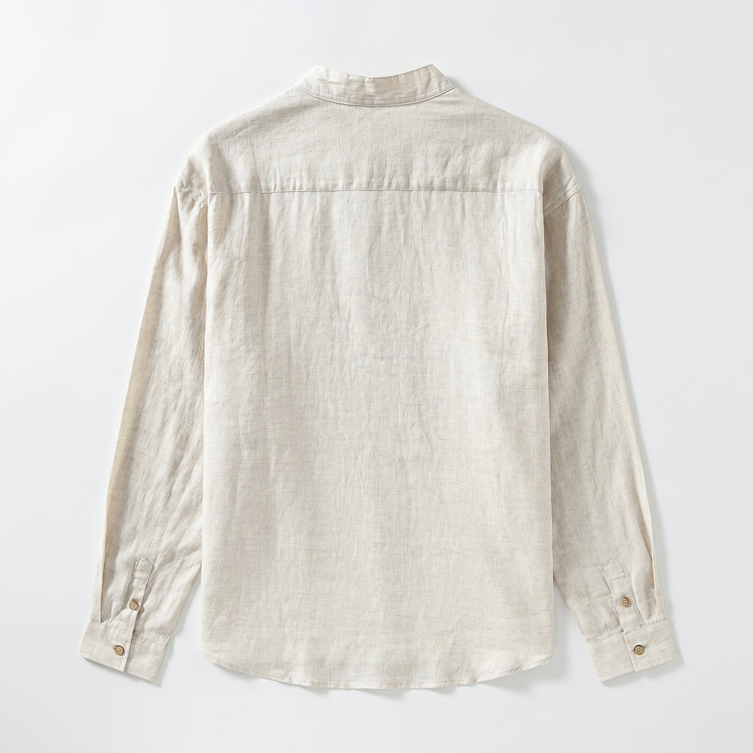 Herren Leinenhemd Beige, Flat-Lay Rückseite, Stehkragen, Manchettenknöpfe