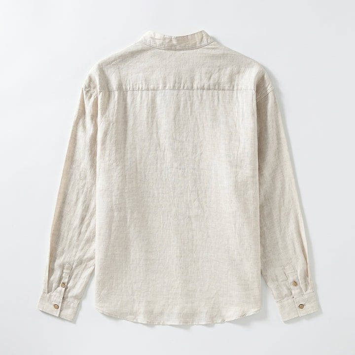 Herren Leinenhemd Beige, Flat-Lay Rückseite, Stehkragen, Manchettenknöpfe