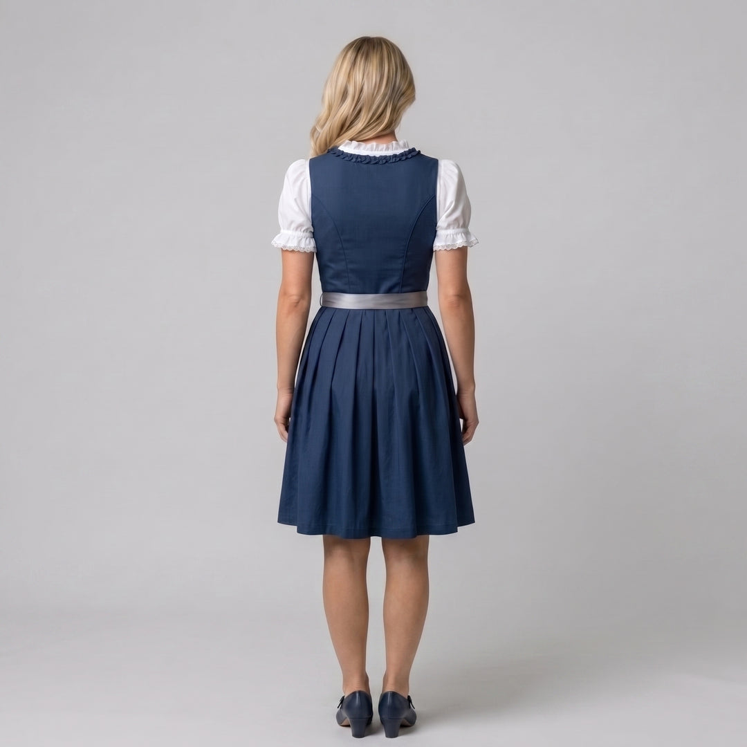 Dirndl Damen dunkelblau Rückansicht, weiße Puffärmel-Bluse, A-Linie Midi