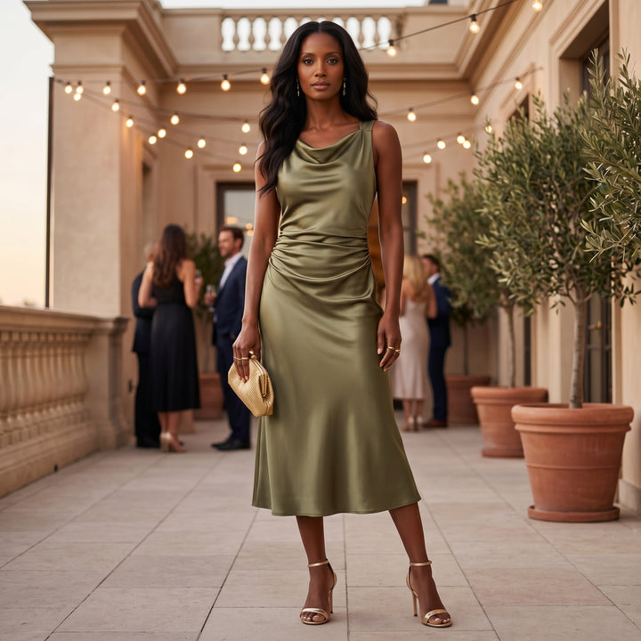 Satin Kleid Braun, Nahaufnahme Wasserfallausschnitt und Raffung