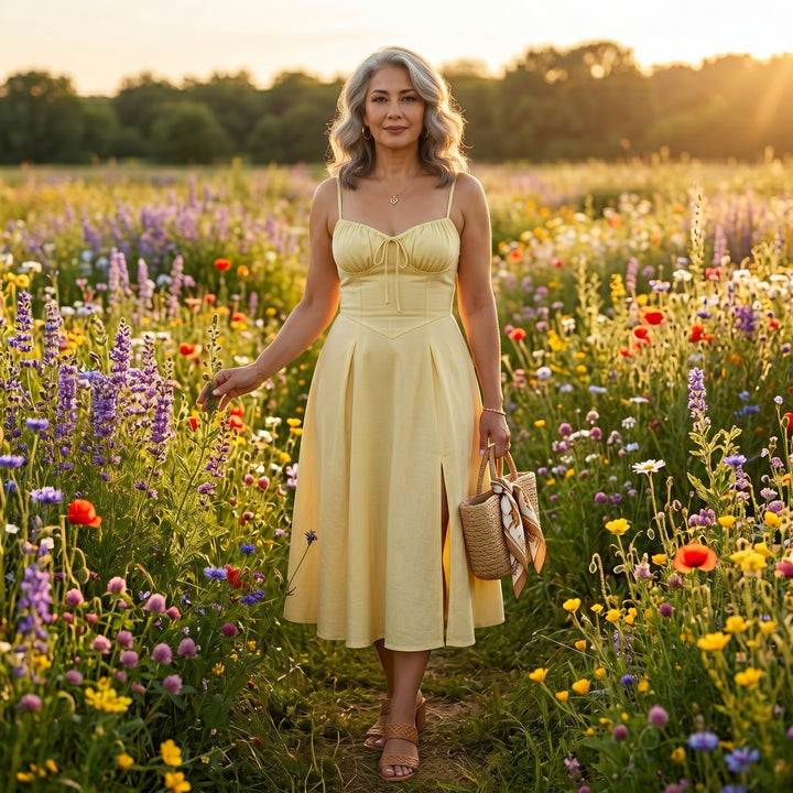 Bustierkleid Hellgelb auf sommerlicher Blumenwiese, Lifestyle-Styling