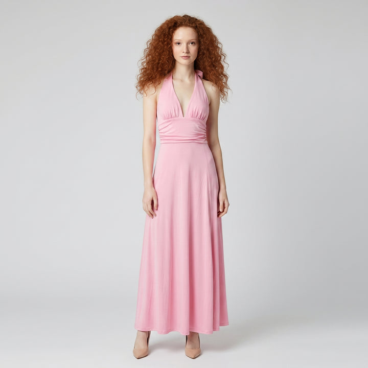 Damen Maxikleid Rosa Neckholder tiefer V-Ausschnitt gerafftes Oberteil Vorderansicht