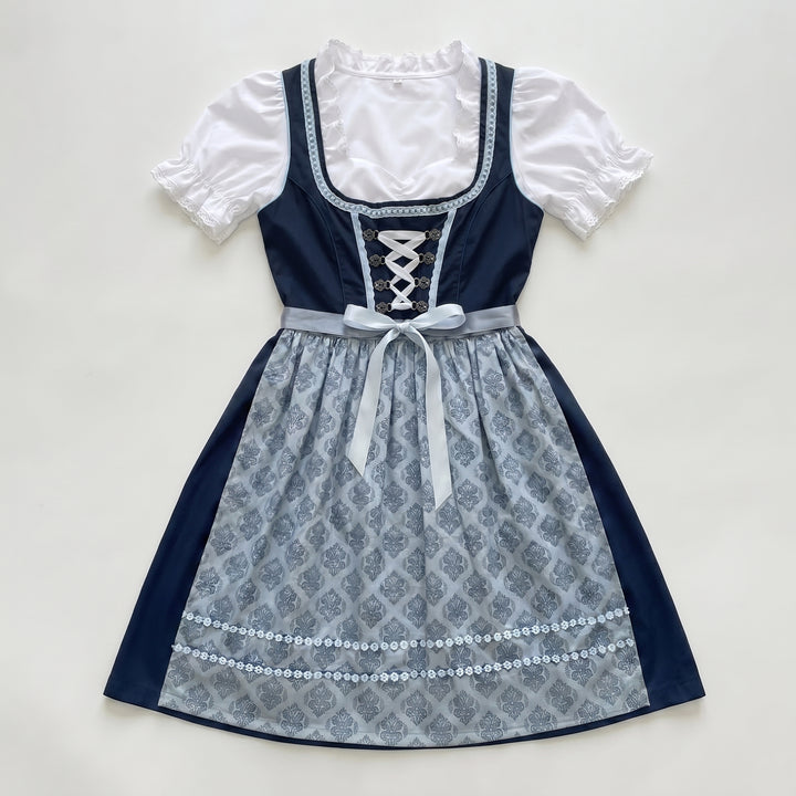 Dirndl-Set dunkelblau mit Jacquardschürze, Flat-lay Draufsicht, Schnürung und Spitzendetails
