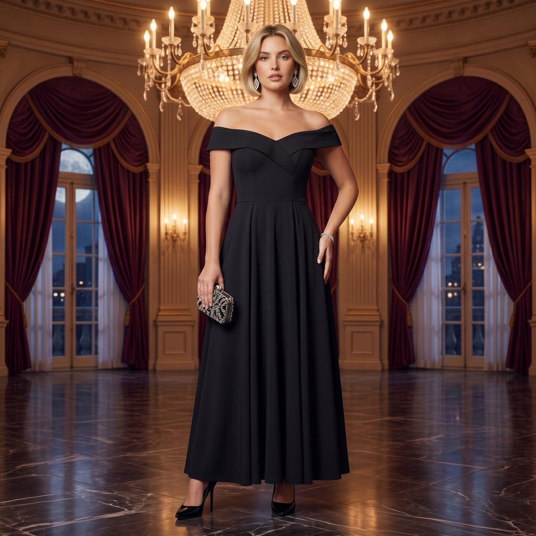 Schwarzes Off-Shoulder Abendkleid beim Galaabend im festlichen Ballsaal