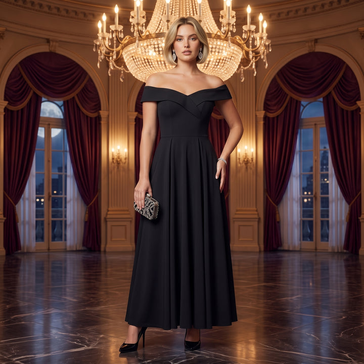Schwarzes Off-Shoulder Abendkleid beim Galaabend im festlichen Ballsaal