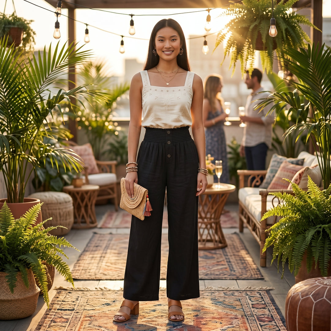 Schwarze weite Hose im eleganten Abend-Look auf der Terrasse