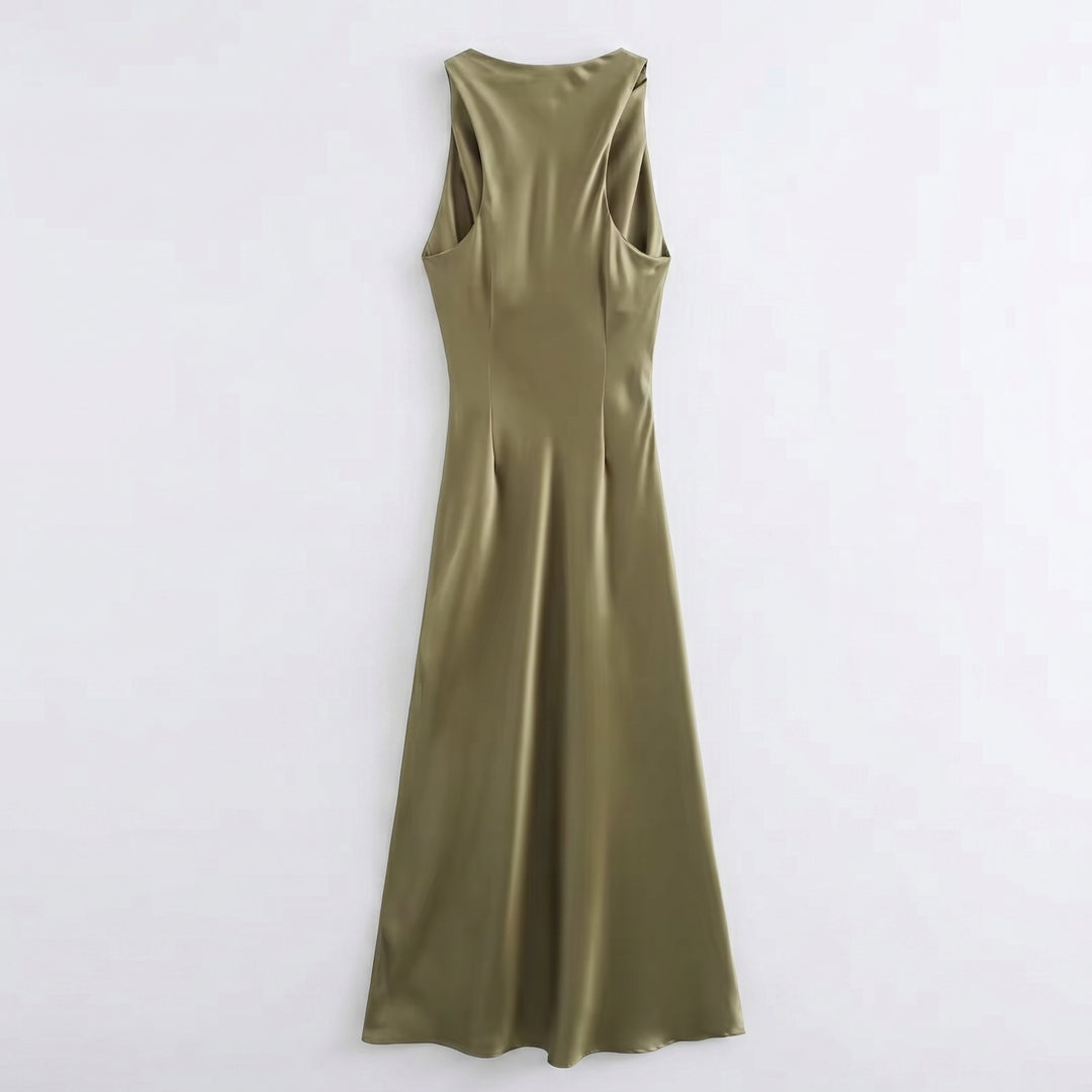 Satin Midikleid Blau, tiefer Rückenausschnitt, Rückenansicht