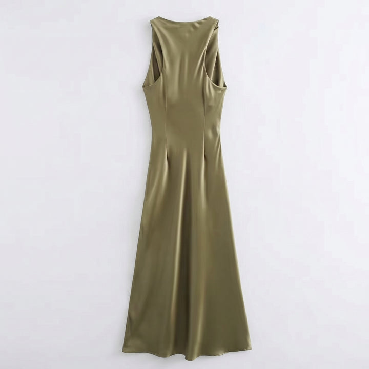 Satin Midikleid Blau, tiefer Rückenausschnitt, Rückenansicht
