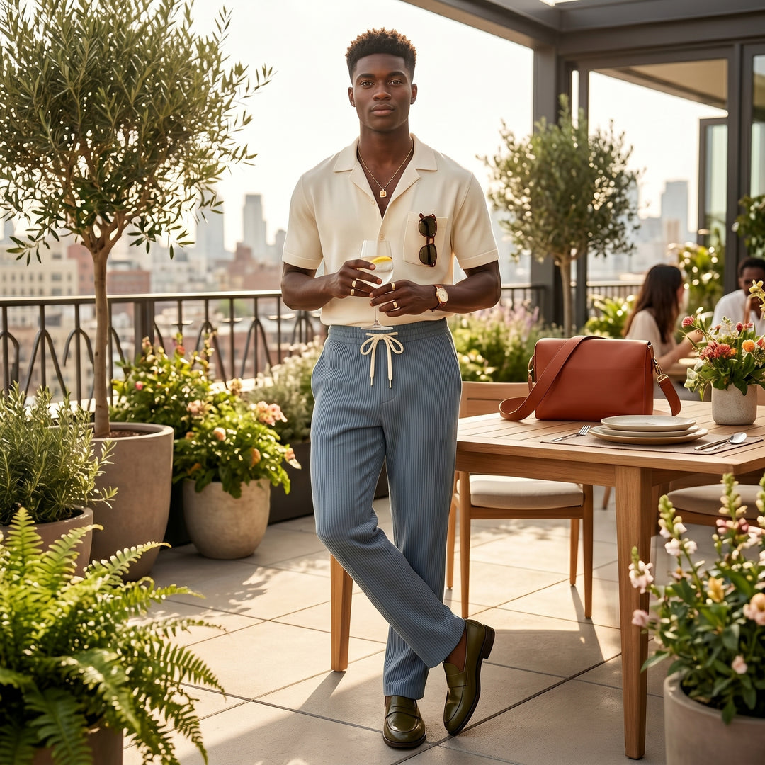 Herren Cordhose in Hellblau mit cremefarbenem Hemd kombiniert, Styling auf Dachterrasse