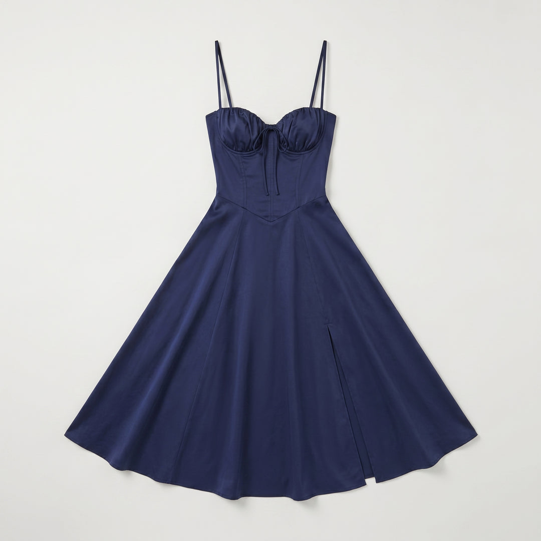 Bustierkleid Dunkelblau mit Schleife und seitlichem Schlitz, Flat-Lay