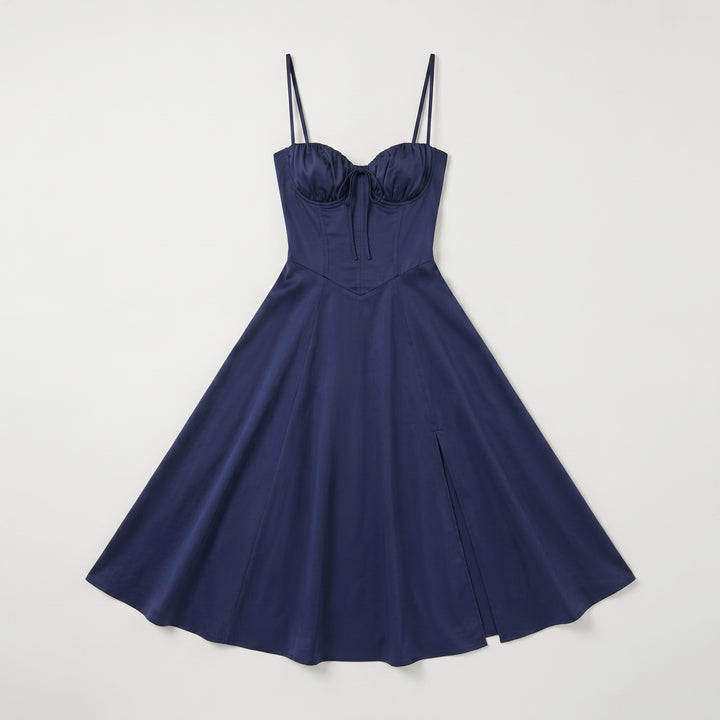 Bustierkleid Dunkelblau mit Schleife und seitlichem Schlitz, Flat-Lay