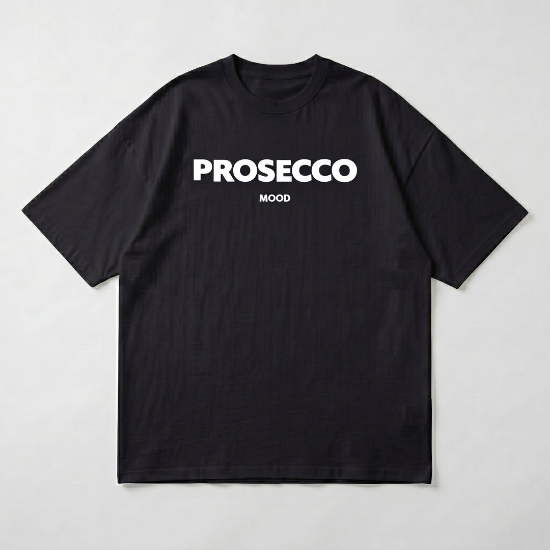 Schwarzes Oversized T-Shirt mit PROSECCO MOOD Aufdruck, Flat-Lay Produktansicht