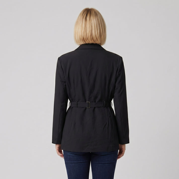 Schwarzer Damen-Blazer mit Bindegürtel, Rückenansicht