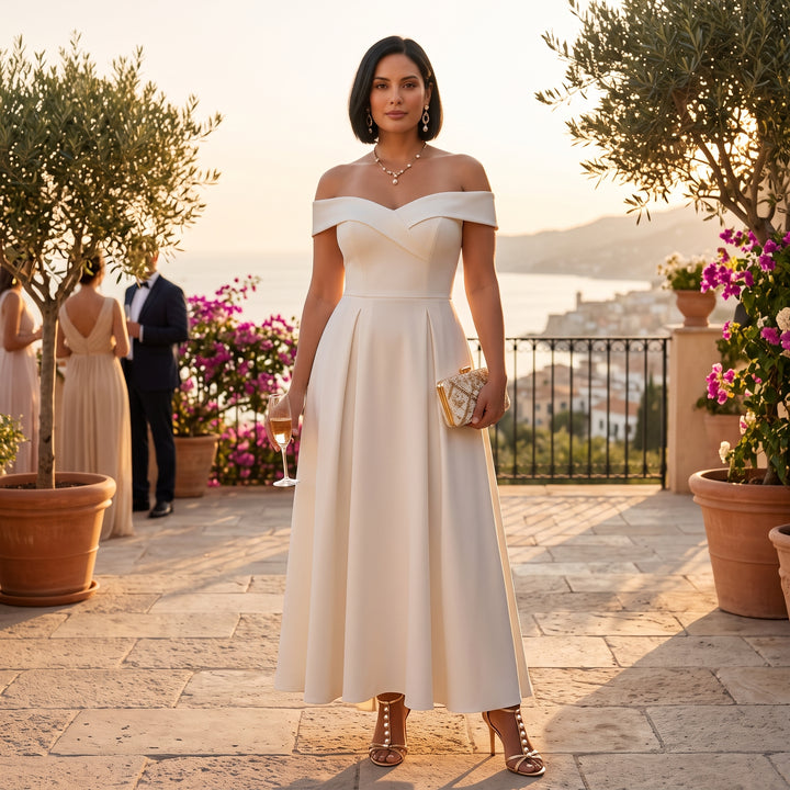 Cremeweißes Off-Shoulder Abendkleid auf Terrassenempfang bei Sonnenuntergang