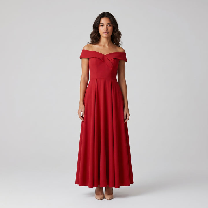 Rotes Off-Shoulder Abendkleid in A-Linie, bodenlang, Vorderansicht
