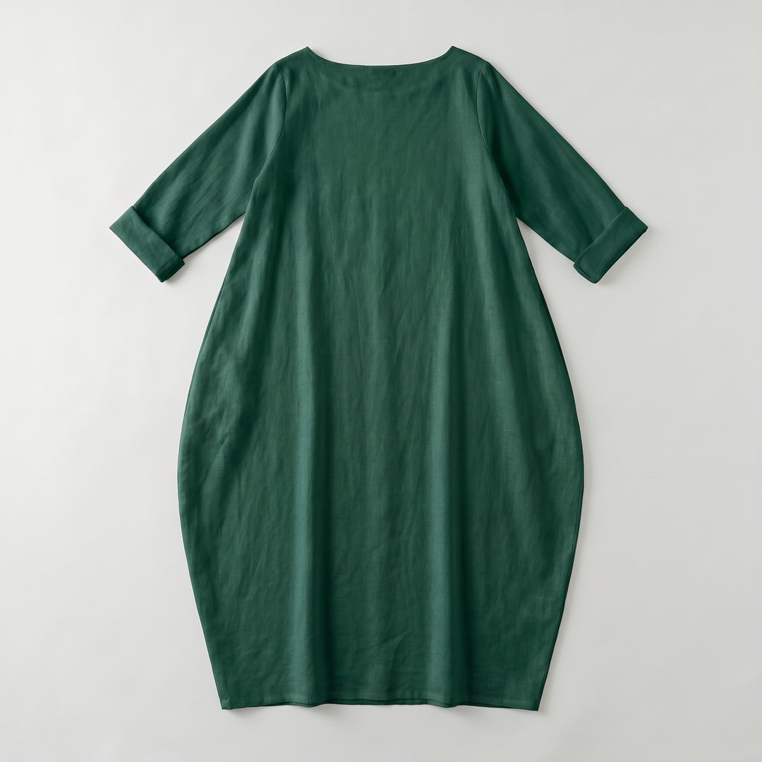 Dunkelgrünes Maxikleid mit Ballonform und 3/4-Arm, Draufsicht