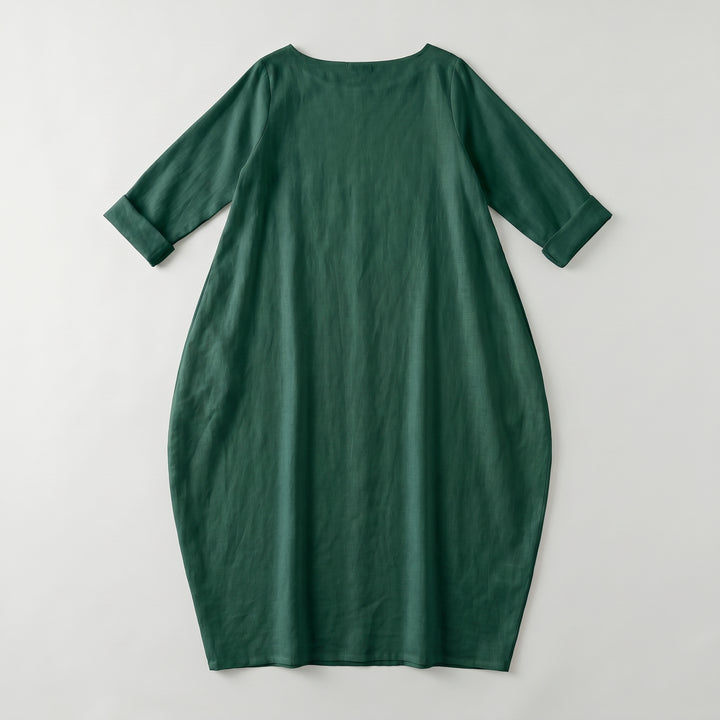Dunkelgrünes Maxikleid mit Ballonform und 3/4-Arm, Draufsicht